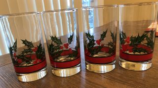 Vintage Libbey Holly And Berries Christmas Glasses Heavy 5” Set Of 4