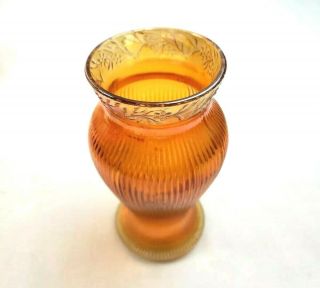 Vintage Carnival Glass Vase Iridescent Amber Marigold Ribbed Floral Bands 6.  5 "