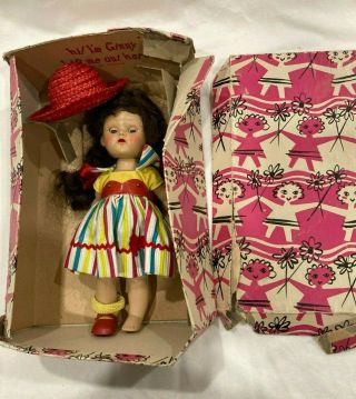 Vintage Ginny Vogue Doll Tiny Miss Brunette,  Striped Dress,  Red Hat,  Box