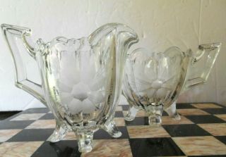 Vintage Indiana Glass Footed Glass Sugar Bowl And Creamer Cut Flower Design