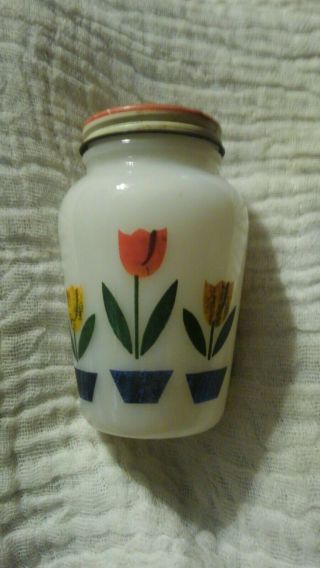 Vintage Fire King Milk Glass Shaker With Tulips Metal Top Pepper