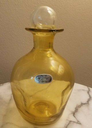 Vtg Bischoff Art Glass Decanter Amber Gold Wheat W/ Stopper Label Hand Crafted