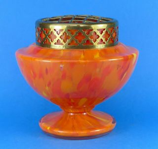 Czech Glass Art Deco Orange Splatter Glass - Vase With Brass Top - Kralik Type