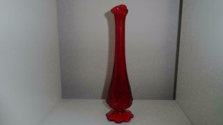 Fenton Art Glass Ruby Red Cabbage Rose Ribbed Vase Swung Top 10 " Tall
