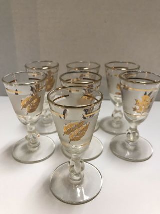 Vintage Set Of 7 Elegant Shot Glasses Frosted Gold Leaf Ball Stem Libbey 3 1/2”
