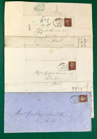 3 X Unplated Perf / Imperf Penny Reds Liverpool Spoon 1854 Postmarks On Covers