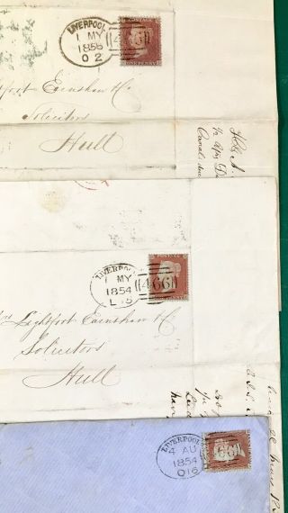 3 x UNPLATED PERF / IMPERF PENNY REDS LIVERPOOL SPOON 1854 POSTMARKS ON COVERS 2