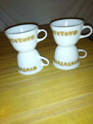 4 Vintage Corning Corelle Butterfly Gold White Coffee Cups Mugs
