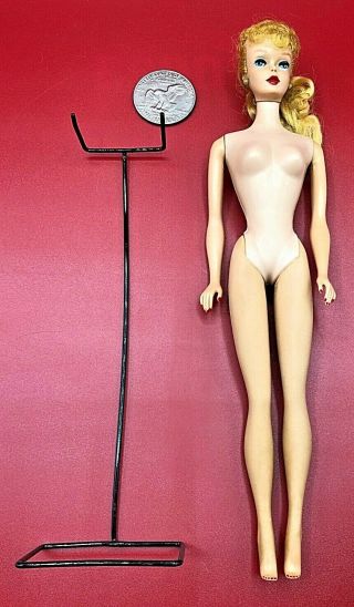 Vintage 1958 Blonde Ponytail Blue Eyes Earrings Barbie Doll Mattel Stand Patent
