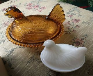 2 Vintage Glass Hen Chicken On Nest Amber White Milk Glass Candy Trinket Dish