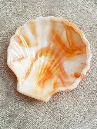 Vintage Akro Agate Orange And White Swirl Slag Glass Shell Dish.