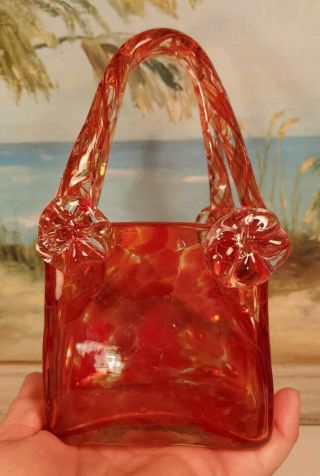 Red Swirled Hand Blown Art Glass Purse Basket Vase W/ Handles Murano Style 7x3x4