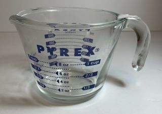 Vtg Pyrex Glass Measuring Cup Blue Lettering 1 Cup Open Handle Made In U.  S.  A.