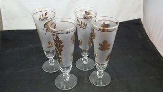Vtg Mcm Set Of 4 Libbey Frosted Gold Foliage Leaf 10 Oz.  Pilsner Beer Glasses