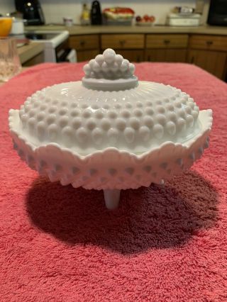 Vintage Fenton Oblong Hobnail Footed Candy Dish Milk Glass With Lid