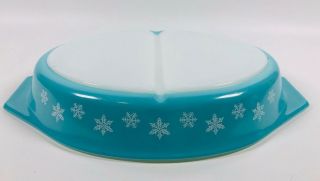 Vintage Pyrex Turquoise Snowflake 1.  5 Qt Oval Divided Casserole Dish Usa - No Lid