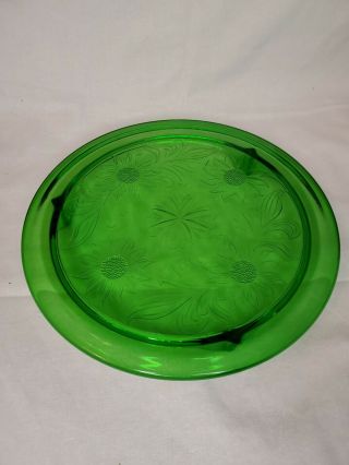 Vintage Jeanette Green Uranium Depression Glass 10 " Footed Cake Plate Sunflower