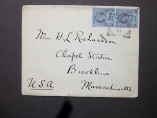 Gb Yorkshire 1887 Qv 21/2d Pair Envelope Wetherby Squared Circle Pmks To U.  S.  A