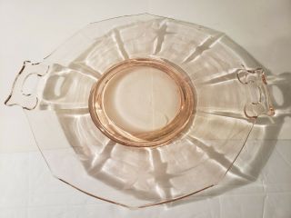 Vtg Pink Depression Glass Handled Serving Plate With Flower And Leaf Pattern