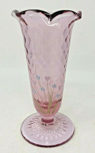 Fenton Glass Ruffled Vase,  Amethyst Hand Painted Flowers & Hearts Donna Robinson