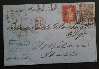 Rare 1865 Great Britain Folded Cover Ties 2 Stamps To Milan Italy