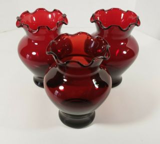 Vintage Set Of 3 Anchor Hocking Ruby Red Ruffled Top Glass Vases 4 "