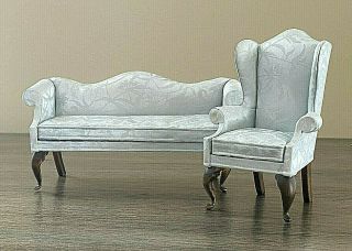 Ooak Miniature Artist Upholstered Sofa Couch Wingback Chair Robins Egg Blue