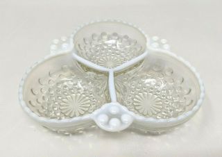 Vtg Fenton Moonstone Opalescent Hobnail Glass 3 Section Relish Candy Nut Dish