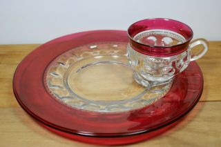 Tiffin Kings Crown Thumbprint Cranberry Ruby Red Flash 10.  25 " Snack Plate Cup