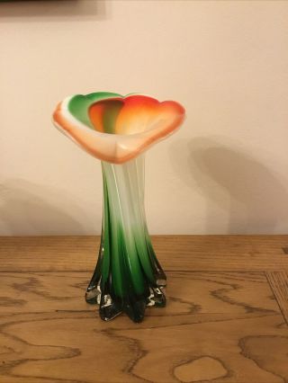 Vintage Italian Murano? Glass Vase Cala Lily Green White Red Orange Approx 7”