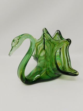 Vintage Hand Formed Green Swirl Art Glass Swan Napkin Holder