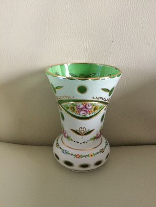Small Bohemian Green Glass White Overlay Vase.  Hand Painted.  Size 14cm Tall.