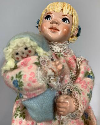 Simpich Character Doll Girl In Pajamas Holding Doll Vintage Handmade 1983