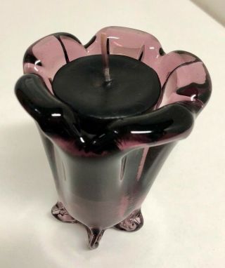 Vintage Hand Blown Amethyst Glass Vanity Bud Vase / Candle Holder W/ Votive