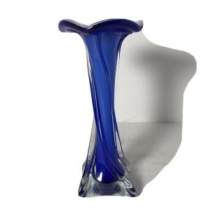 Hand Blown Twisted Art Glass Bud Vase Blue/white 8”