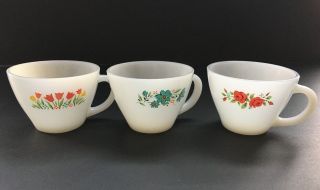 Fire King Tea Cups Tulips Roses Blue Flowers White Milk Glass Vintage