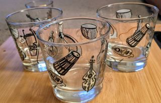 3 Vintage Libbey Musical Instruments Old Fashioned Cocktail Glasses Euc