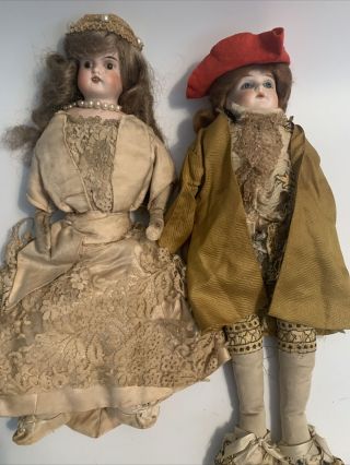 Antique German Bisque Head Pair Dressed Germany 17/0 - Very Rare Set - 14”