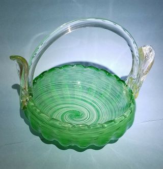 Vintage Murano Gold Fleck Art Glass Basket Latticino Swirl On Green Glass