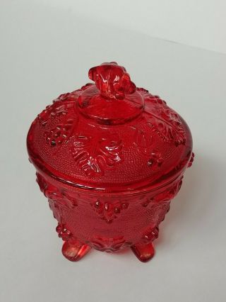 Red Indiana Glass Grape Covered Footed Dish Bowl Jar Vintage