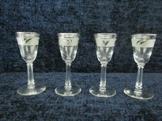 Set Of 4 Vintage Libbey Silver Leaf Frosted Cordial Glasses - Immaculate