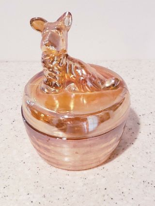 Jeannette Iridescent Marigold Carnival Glass Scottie Dog Trinket Powder Dish
