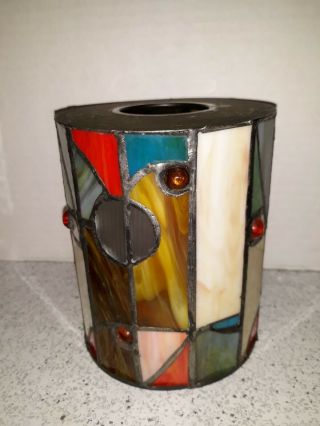 Vintage Mid Century Modern Shabby Multi Color Stained Glass Candle Cover Shade