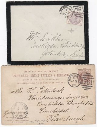 1885/9 Sunderland Duplex Pmks Postal Staty To Germany & Mourning Env To Sweden