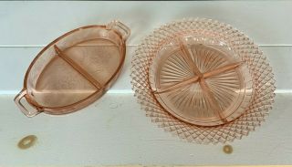 2 Vintage Pink Depression Glass Divided Serving Dish Round Oval Candy Pickles