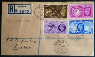 Gb Kg Vi 1949 Upu Set On Neat Reg.  Fdc Ludlow Single Circle Cancels From My Coln