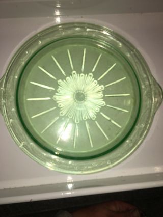 Vintage Green.  Uranium glass Depression Glass Cake Plate with handles 2