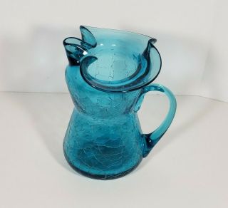 Vintage Blue Crackle Glass Pitcher With Applied Handle 4.  75 "