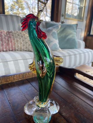 Large Vintage Hand Blown Art Glass Rooster 9 1/2 Inches Tall