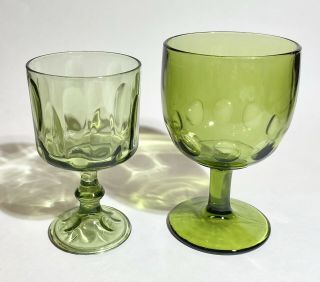 Set Of 2 - Green Pressed Glass Water / Wine Goblets - Depression Era - 6 1/2”